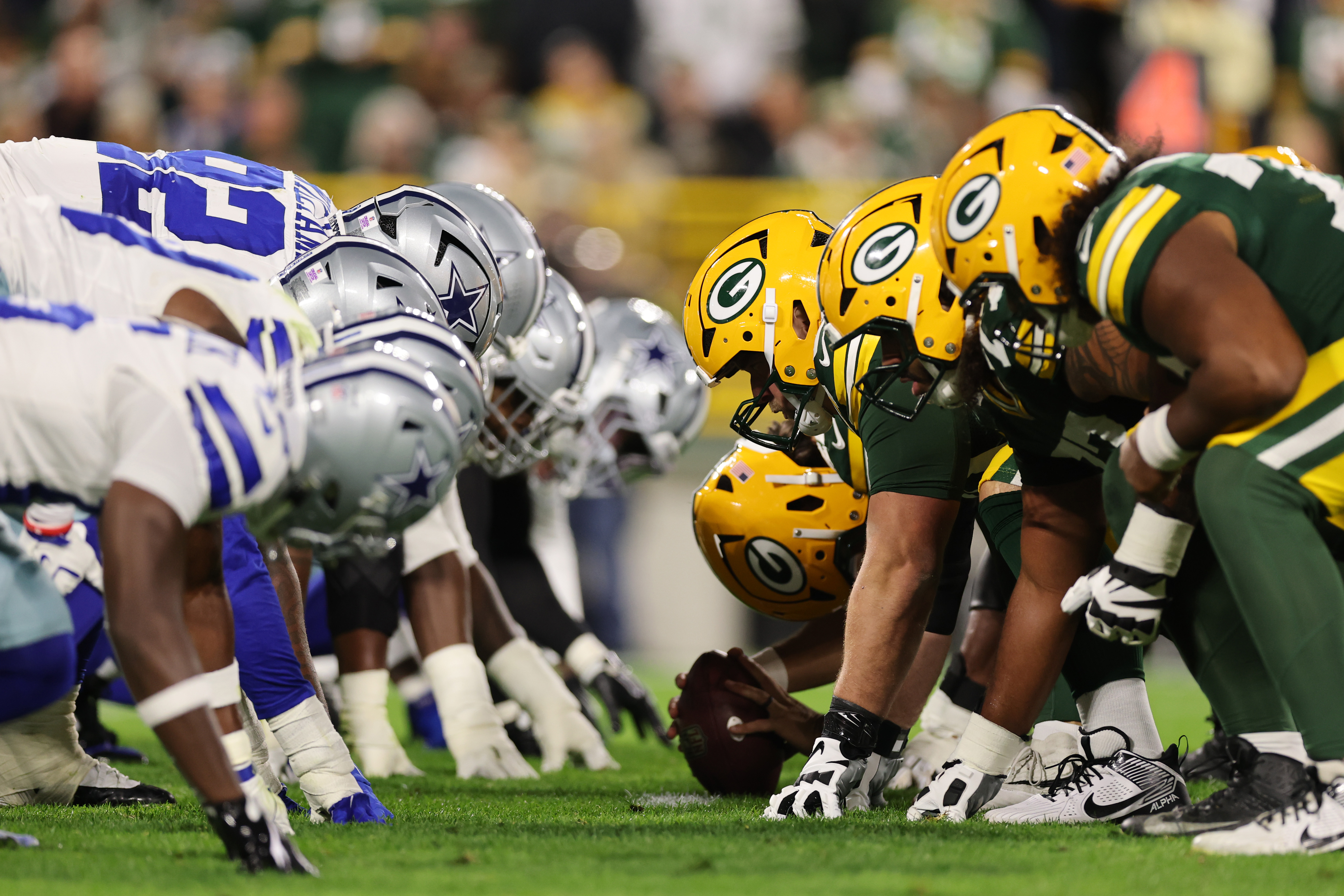 GREEN BAY, WISCONSIN - OCTOBER 18: The Dallas Cowboys and the Green Bay Packers line up during the second quarter at Lambeau Field on October 18, 2026 in Green Bay, Wisconsin.